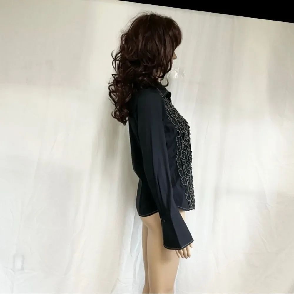 Max Studio Black Ruffle Front Long Sleeve Renaissance Collared Buttoned Shirt S - Picture 5 of 9